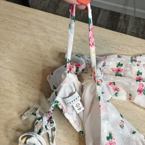 Topshop Floral Rose Swiss Dot Bardot Long Ruffle Sleeve Cold Shoulder Romper 6 - Picture 10 of 13